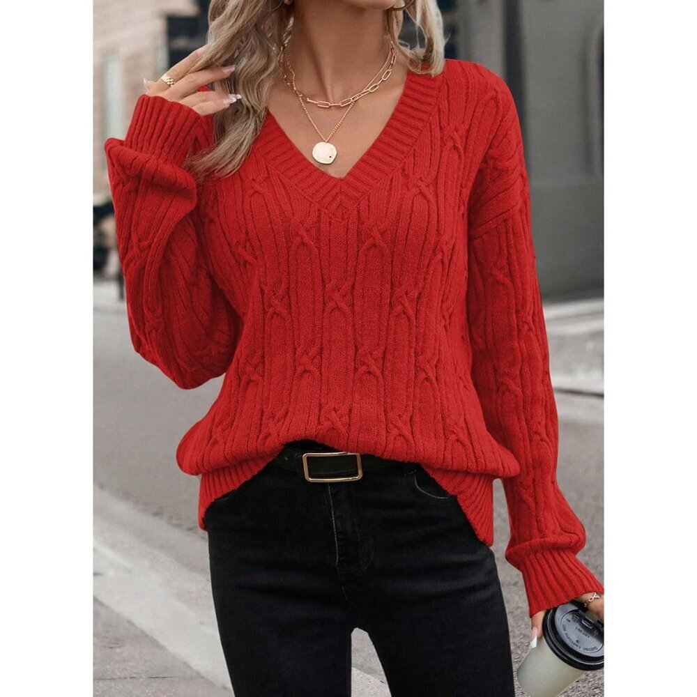 Women's Cable Knit Sweater V Neck Long Sleeve Casual Fall Outfit Lightweight - Picture 5 of 5